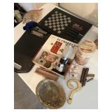 Chess game, clipboard, pins, shells