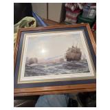 Framed and matted ship picture.