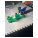 Set of Three Glass Bird Figurines in Green and Blu