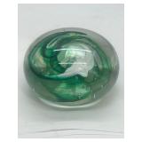 Glass Paperweight With Green and White Swirl Desig