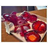 Red Glass Ash Trays, Elephant, and Candle Holder