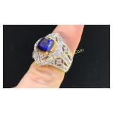 18K Overlay .925 Silver Sapphire Ring Sz 5