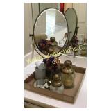 Bathroom Decor- Mirror, Glass Containers, and