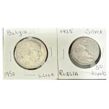 2 Foreign Coins - 1950 Belgie, 1925 Russia Kopeks