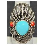 Turquoise & Coral Head Dress Ring Sz 5 3/4