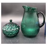 Green Glass - Ribbed Pitcher & Candy Bowl w Lid