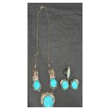 Silver Navajo HT Turquoise Necklace Earrings Ring