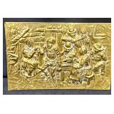 Vntg Brass Relief Tavern Scene Wall Art Piece Wall