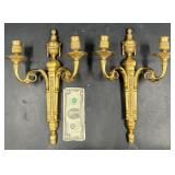 Pair Vntg Gilded Cast Iron Candelabra Wall Sconces