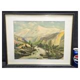 Vntg Deric Luwguy "River Mountain Landscape" Print