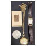 Elgin Pocket Watch, Gruen 14KT Watch, Silver Coin