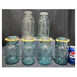 6 Vintage Blue Glass Ball Canning Jars w Lids