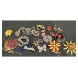 20 Brooch Pins- Enamel Flower, Rhinestone, Lucite