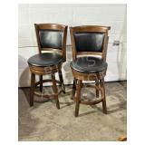 pair of wood & leather revolving counter stools