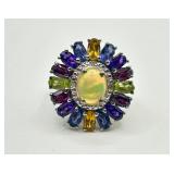 Opal, Rhodolite 925 Sterling Silver Floral Ring,