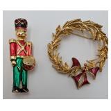 2 Christmas Pins- Toy Soldier & Golden Wreath