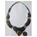 Nice Multi-Stone Turquoise, Coral Silver Necklace