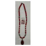 Red Beaded Necklace w/ Sterling Pendant, Earrings