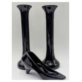 Vtg. Oneida Black Crystal Slipper & Black Vases