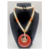 Elegant Pearl & Carnelian Pendant Beaded Necklace