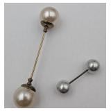 2 Vintage Jabot Pins: Large Pearl and Small Metal