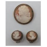 Winard Hand Carved Shell Cameo Pin & Ear Clips