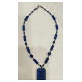 Vintage Blue Carved Glass Beaded Necklace