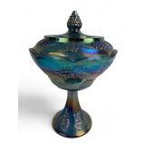 Blue Carnival Glass Pedestal Bowl Grape Panel