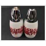 VTG Milk Glass/Red Lettering Salt and Pepper