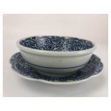 (2) Signed Vtg. Blue & White Asian Style Bowl &