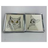 (2) Small Framed Chihuahua & Owl Print