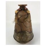 Bohemian leather wrapped vase w metal & beads 12"