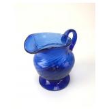 Vtg. Cobalt Swirl Hand Blown Glass Mini Pitcher/Cr