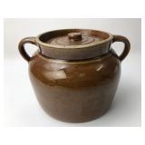 Vtg. brown glaze bean pot w/lid   #4   7x10"