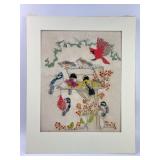 Crewel Embroidery Bird Feeder Scene Artwork