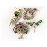 4 Vintage Rhinestone Animal And Tree Brooches