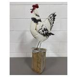 Metal Rooster Sculpture On Wooden Block