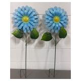 Pair Of Blue Metal Flower Yard Stakes