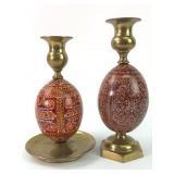 (2) Vintage Brass And Enamel Candleholders