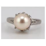 JEWELRY. Platinum, Pearl, and Diamond Ring.