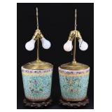 Pair of Chinese Enamel Decorated Pots as Lamps.