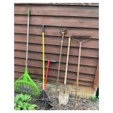 Assorted working tools - rakes, cultivator/ shovel
