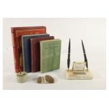 Carved Signed Stone Figurine, Books, Pen Set