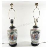 Chinoiserie Hand Painted Oriental Vase Lamps