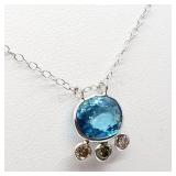 10K White Gold, Blue Zircon Diamond Necklace