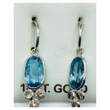 14K White Gold, Blue Zircon Diamond Earrings