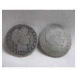 2pc US Barber Silver Quarters - 1904 & 1909