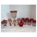 Vintage Tiffin Kings Crown Cranberry Tumblers, Covered Dish, Pitcher