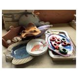 Under The Sea Lot: Fish Platters, Dishes, Napkin Rings Figurine, Shelf With Seashells, Stuffed Fish