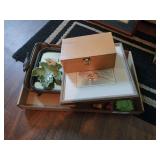 Wooden Jewelry Box with Chess Pieces, Picture, Mirrored Tray and Mini Ceramic Birds